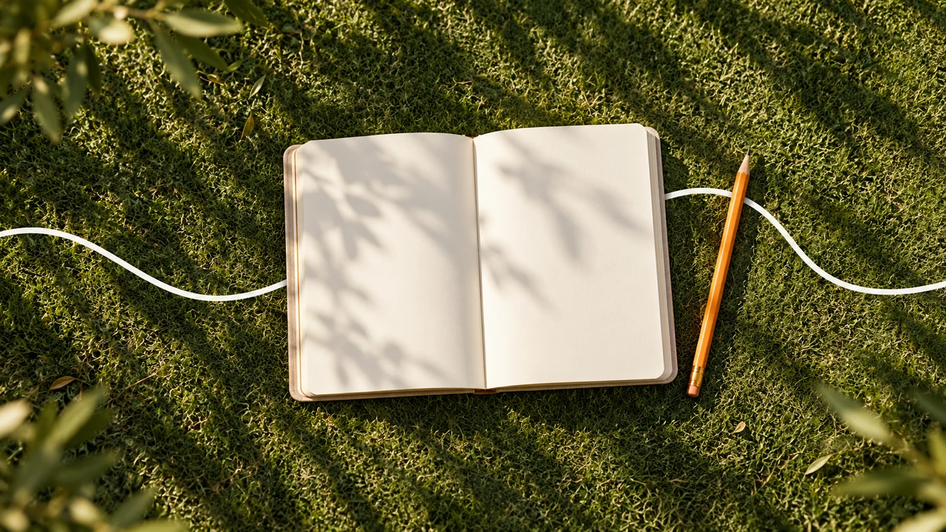 A blank journal and amber pencil with a white path leading towards them