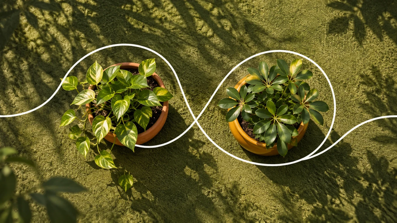 Two distinct plants connected by a white line while keeping space around each