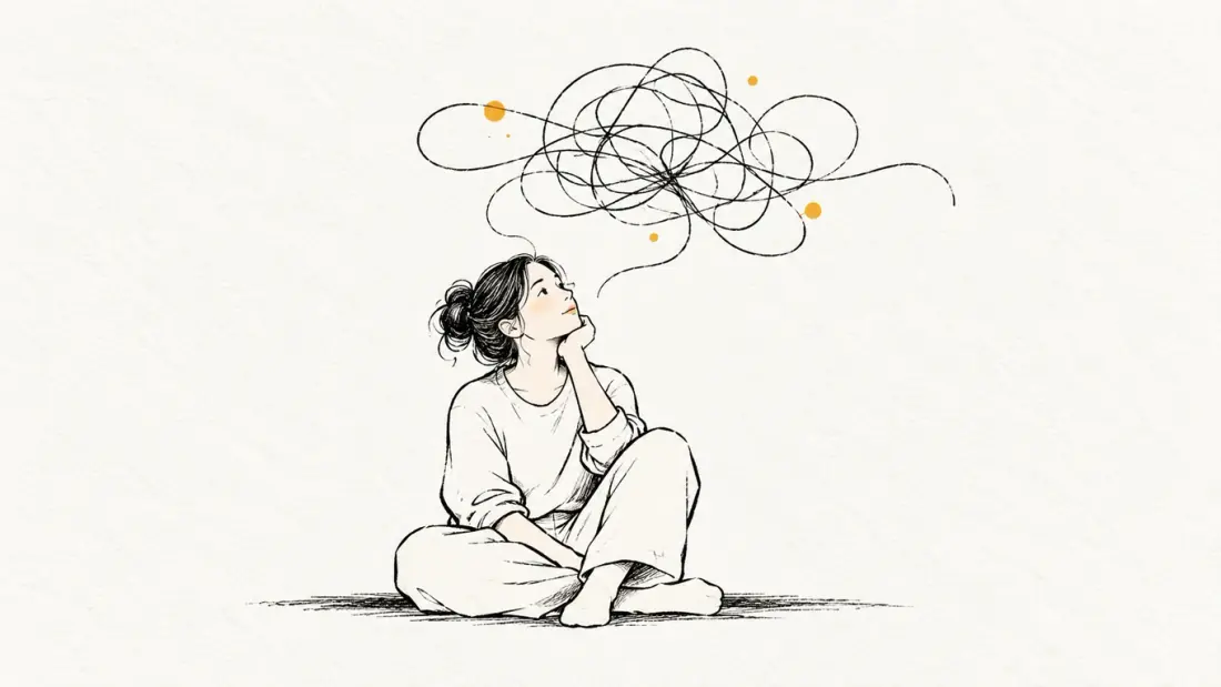 Line illustration of a person noticing a recurring loop of thoughts