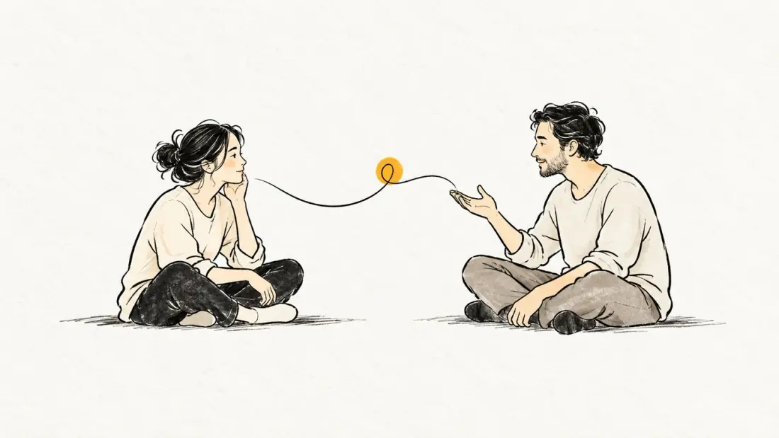 Line illustration of two people listening and speaking with space between them