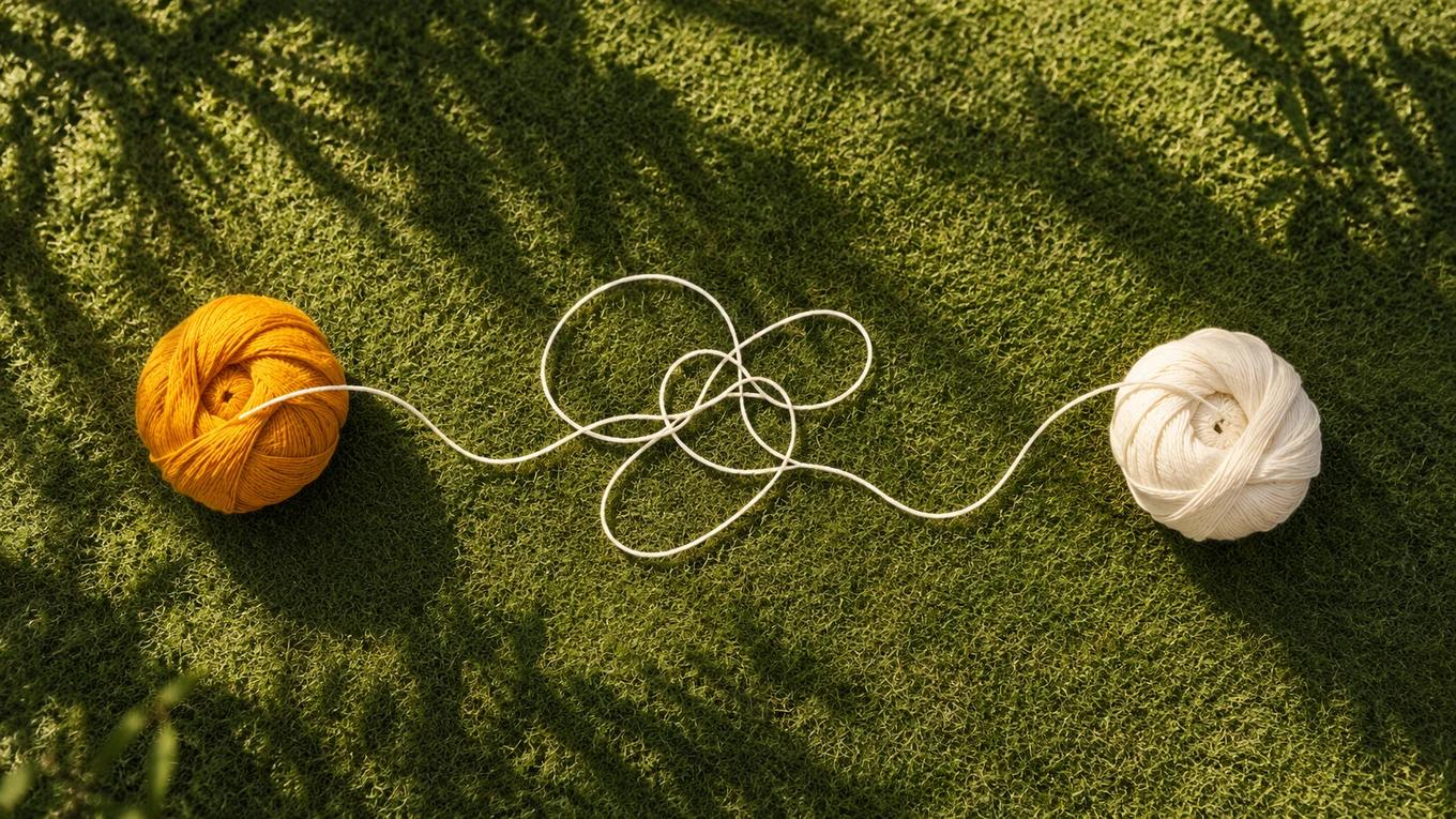 Two threads linked by a looping line on an olive-green surface