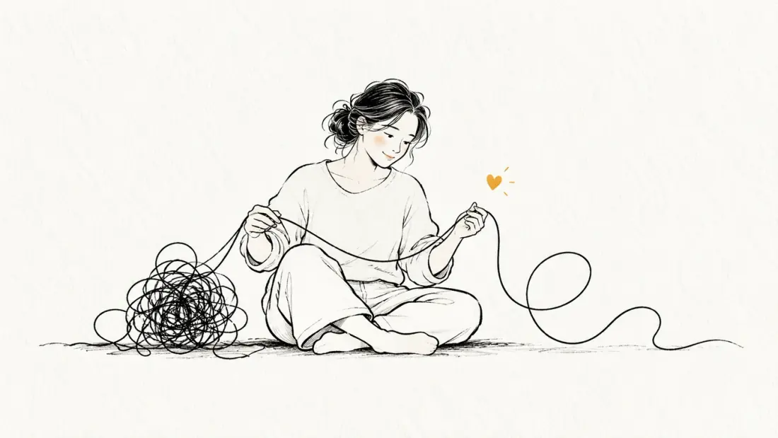 Line illustration of a person gently untangling a thought