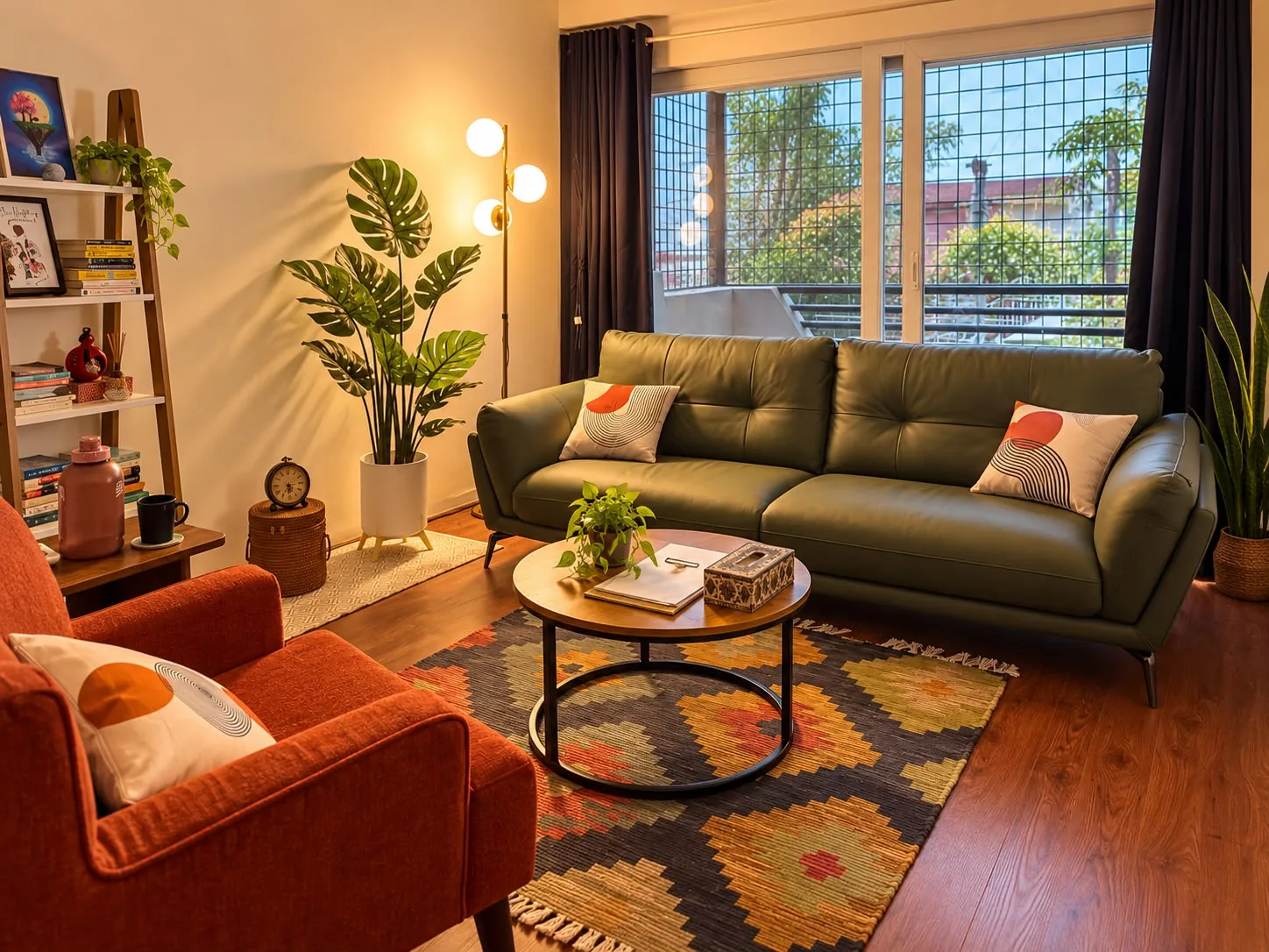 An olive sofa, an orange armchair and a woven rug in a warmly lit counselling room at Happy Lab